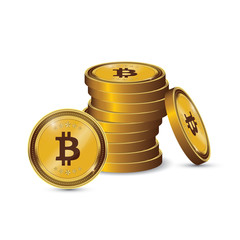 Golden Bitcoins and New Virtual money concept, 3d rendering isolated on white background. Stacks of many gold coins with icon