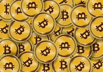 Golden Bitcoins and New Virtual money concept, 3d rendering isolated on white background. Stacks of many gold coins with icon