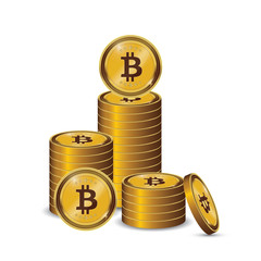 Golden Bitcoins and New Virtual money concept, 3d rendering isolated on white background. Stacks of many gold coins with icon