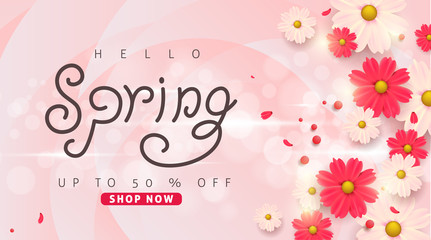 Naklejka premium Spring sale background layout with beautiful colorful flower for banners,Wallpaper,flyers, invitation, posters, brochure, voucher discount.Vector illustration template.