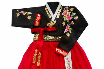 The colorful Hanbok, Korean traditional silk dress isolated on the white background. Holiday...