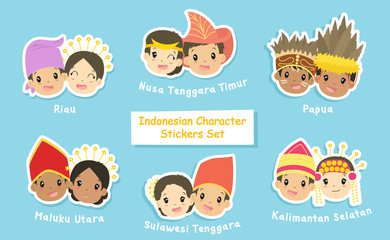 Indonesian couple stickers collection. Indonesian boys and girls wearing Indonesian headdress. printable stickers template cartoon vector.