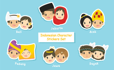 Indonesian couple stickers collection. Indonesian boys and girls wearing Indonesian headdress. printable stickers template cartoon vector.