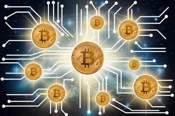 Bitcoins mockup over photo of FINTECH connection over the Part of earth with network line on the star and Milky Way background, Elements of this image furnished by NASA.cryptocurrency or digital money