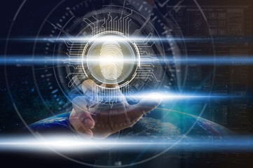 Businessman Fingerprint scan for support security access with biometrics identification over Part of earth background, Business Technology sceurity Concept, Elements of this image furnished by NASA