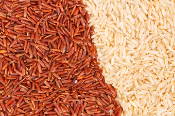 Brown and red rice as background, healthy gluten free food concept