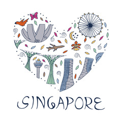 Culture and architecture of Singapore. Symbols of Singapore. Hand drawn vector illustration.