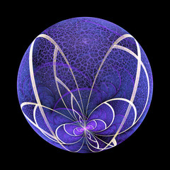 Fantastic world. Abstract glass sphere with delicate blue flower. Fantasy fractal design. Psychedelic digital art. 3D rendering.