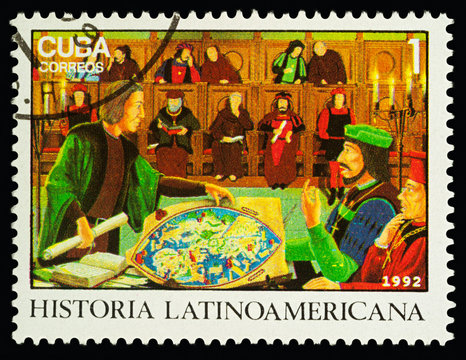 Columbus with scroll before Salamanca Council