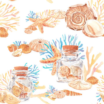 Watercolor seamless pattern of seashells and starfish