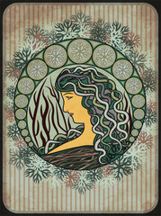 Winter girl card in art nouveau style, vector illustration