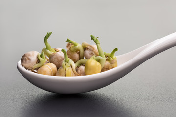 Healthy food. Spanish peas (chickpeas). Green shoots. White spoon.
