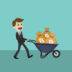 Crypto-currency market. Happy businessman or manager goes with a wheelbarrow full of Bitcoins