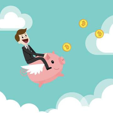 Crypto-currency market. Finance and relationships concept. Businessman is riding on a pig bank and catching Bitcoins.