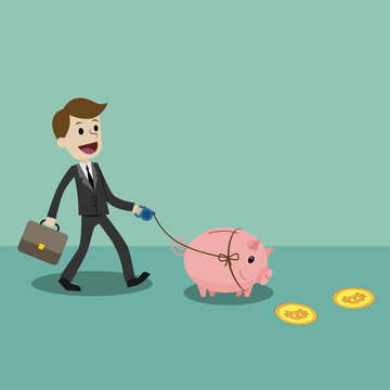Crypto-currency market. Finance and relationships concept. Businessman is walkin with a pig bank and looking for Bitcoins.