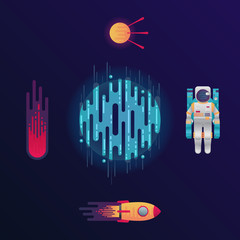 Digital planet, rocket, astronaut, satellite