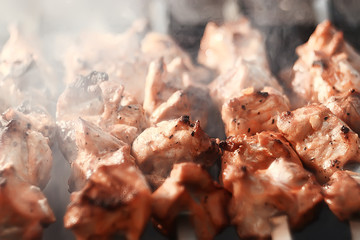 meat on charcoal shish kebab grill smoke
