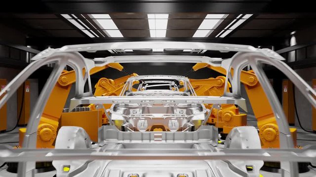 Moving transporter of conveyor belt with frameworks of unfinished cars and robots welders, front view. Conveyor production line throughout its length from beginning to end