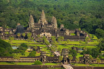 Angkor Wat temple complex, Aerial view. Siem Reap, Cambodia. Largest religious monument in the...