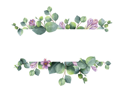 Fototapeta Watercolor banner with green eucalyptus leaves, purple flowers and branches.