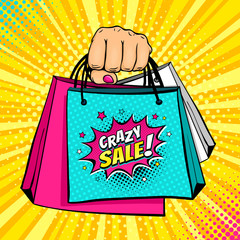 Pop art background with female hand holding bright shopping bags and Crazy sale speech bubble with stars and halftone. Vector colorful hand drawn illustration in retro comic style.