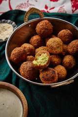 Overhead image of traditional jewish and middle eastern dish falafel. Israeli cuisine concept