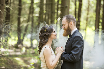 portrait of the bride and groom on the background of the Park