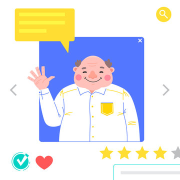 Portrait of Man - graphic avatars for social networking or dating site. The fat man waves his hand in greeting. Vector illustration