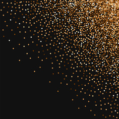 Red round gold glitter. Scattered top right corner with red round gold glitter on black background. Unusual Vector illustration.
