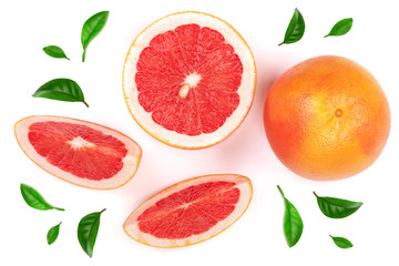 Grapefruit and slices with leaf isolated on white background. Top view. Flat lay pattern