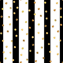 Golden dots seamless pattern on black and white striped background. Admirable gradient golden dots endless random scattered confetti on black and white striped background. Confetti fall chaotic decor.