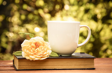 Cup of tea, old book and  rose in the summer garden. Coffee and book. Tea in the garden.