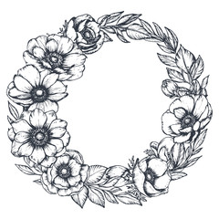 Vector black and white floral wreath of hand drawn anemone flowers