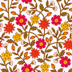 Seamless Colorful Floral Pattern  with Flowers and Leaves. Hand Drawn Vector Illustration.