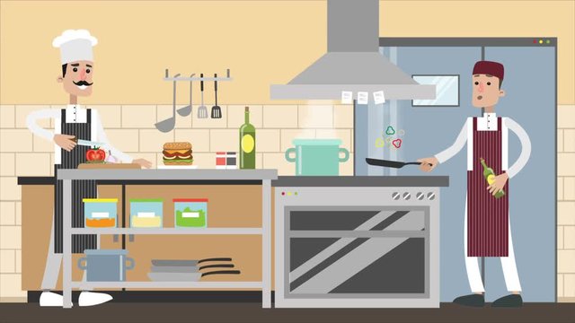 Cook in the kitchen, chef cooks on the stove, cartoon footage.