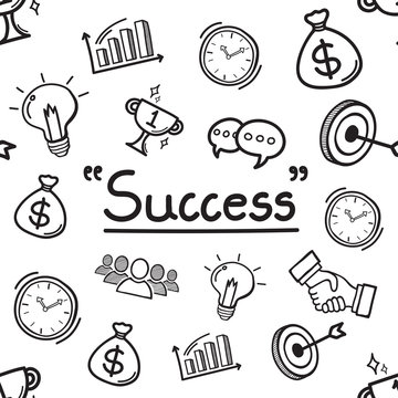 Doodle hand has drawn elements of success the seamless background. Vector illustration.