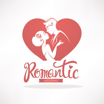 Romantic wedding, vector logo, emblem, sticker for your wedding invitation, with image of kissing couple, letterind composition and heart shape