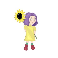Little girl in the yellow dress holding a big sunflower 2d raster illustration