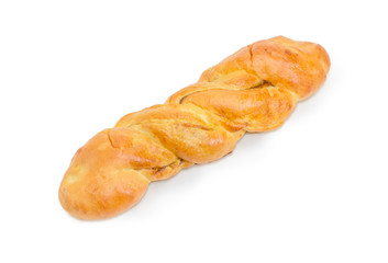 Baked twisted pie with jam on a white background