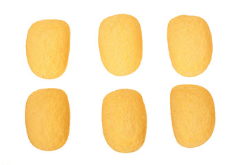 potato chips on white background close-up. Top view. Flat lay. Set or collection