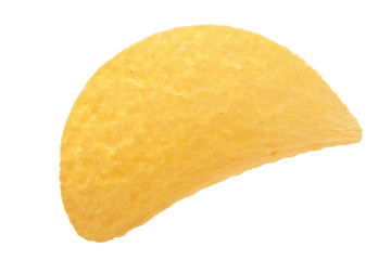 Single potato chip on white background close-up