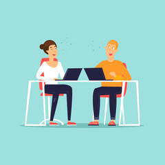 Business characters. Co working people, meeting, teamwork, collaboration and discussion, conference table, brainstorm. Workplace. Office life. Flat design vector illustration.