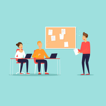 Business characters. Co working people, meeting, teamwork, collaboration and discussion, conference table, brainstorm. Workplace. Office life. Flat design vector illustration.