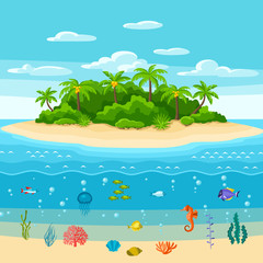 Fototapeta na wymiar Illustration of tropical island in ocean. Landscape with ocean, palm trees and underwater life. Travel background