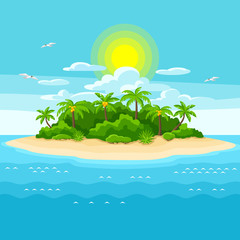 Fototapeta na wymiar Illustration of tropical island in ocean. Landscape with ocean and palm trees. Travel background