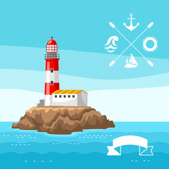 Illustration of lighthouse on rocky coast. Landscape with ocean and rocks. Travel background