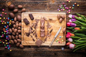 Chocolate rabbit and raw pieces of chocolate