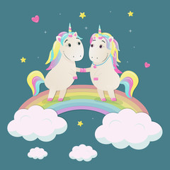 Cute magical unicorns in love on the rainbow. Vector illustration.