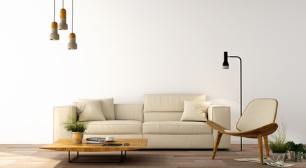 interior design,modern living room with sofa,armchair,table,lamp,wood floor and  white wall,was designed specifically for the big family who love in japanese style,3d illustration,3d rendering