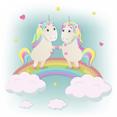 Cute magical unicorns in love on the rainbow. Vector illustration.